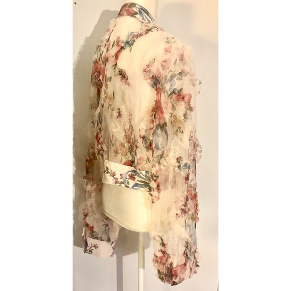 Boho Floral Rust and Cream Color Sheer Ruffle Blouse With Long Sheer Sleeves-L - Picture 3 of 9
